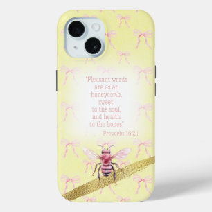 Cute Pastel Yellow Pink Bow Grid Bible Pink Bee iPhone 15 Case
