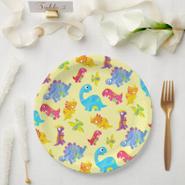 Cute Pastel Yellow Unisex Baby Dinosaur Birthday Paper Plate
