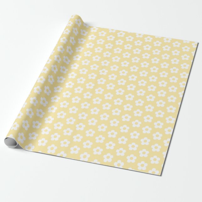 Cute Pastel Yellow White Cartoon Daisy Flower Wrapping Paper (Unrolled)