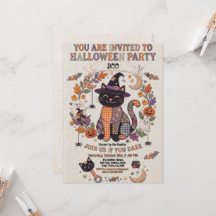 Cute Patchwork Black Cat Halloween Party Invitation