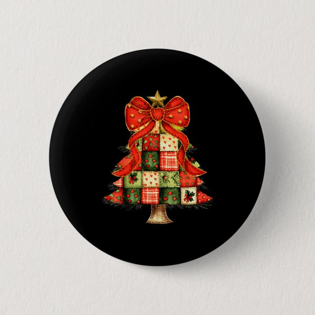 Cute Patchwork Christmas Tree Merry Xmas Men Women 2 Inch Round Button (Front)