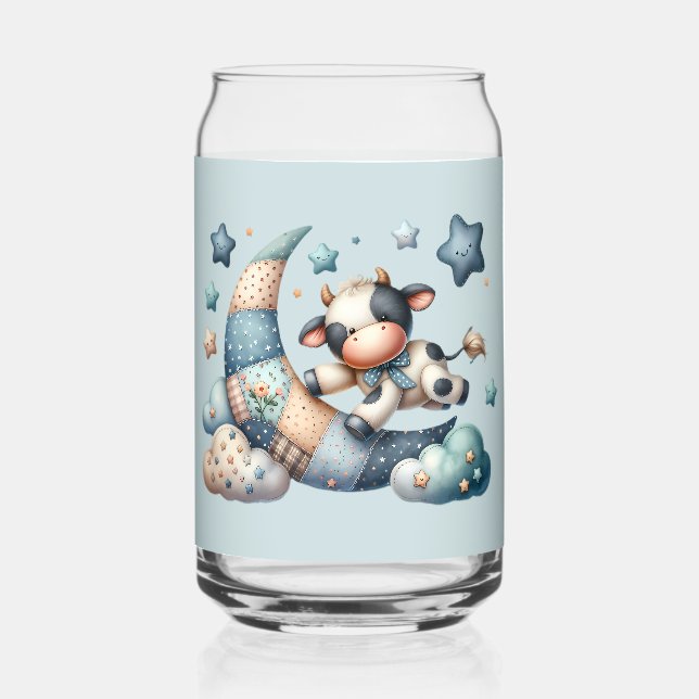 Cute Patchwork Cow Over Moon with Stars Can Glass (Front)