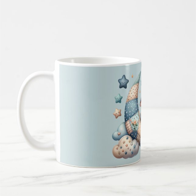 Cute Patchwork Cow Over Moon with Stars Coffee Mug (Left)