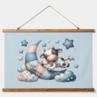 Cute Patchwork Cow Over Moon with Stars