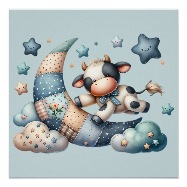 Cute Patchwork Cow Over Moon with Stars Poster (Front)