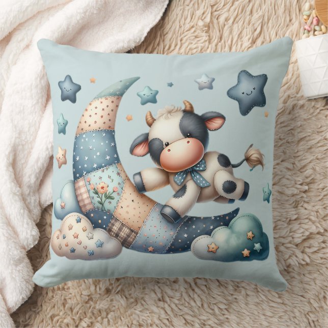 Cute Patchwork Cow Over Moon with Stars Throw Pillow (Blanket)