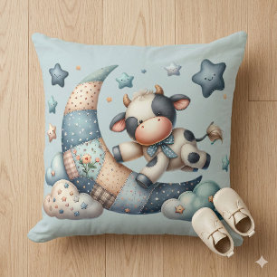 Cute Patchwork Cow Over Moon with Stars Throw Pillow