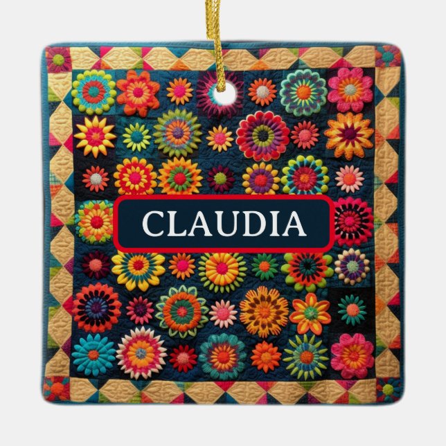 Cute Patchwork Floral Quilt Christmas Ceramic Ornament (Front)