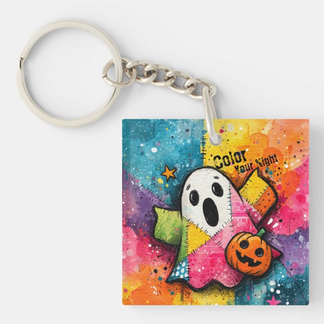 Cute Patchwork Ghost Colorful Splatter Art Keychain (Front)