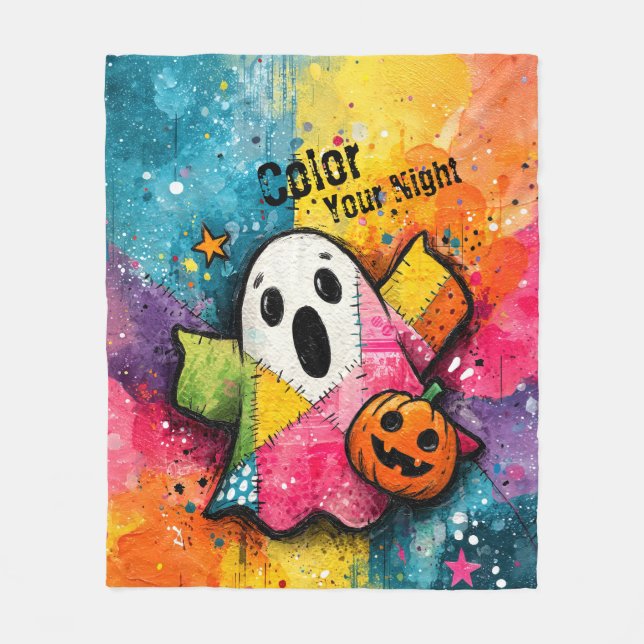 Cute Patchwork Ghost Colourful Splatter Art Fleece Blanket (Front)