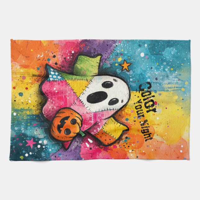 Cute Patchwork Ghost Colourful Splatter Art Kitchen Towel (Horizontal)