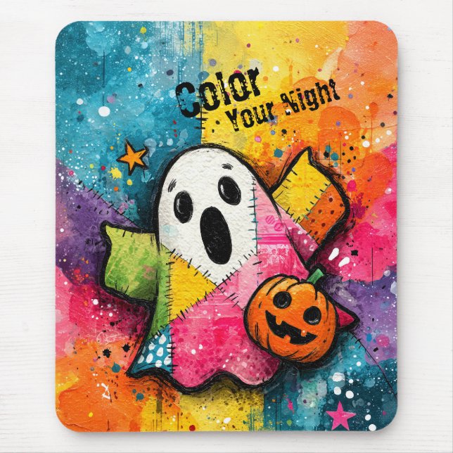 Cute Patchwork Ghost Colourful Splatter Art Mouse Pad (Front)