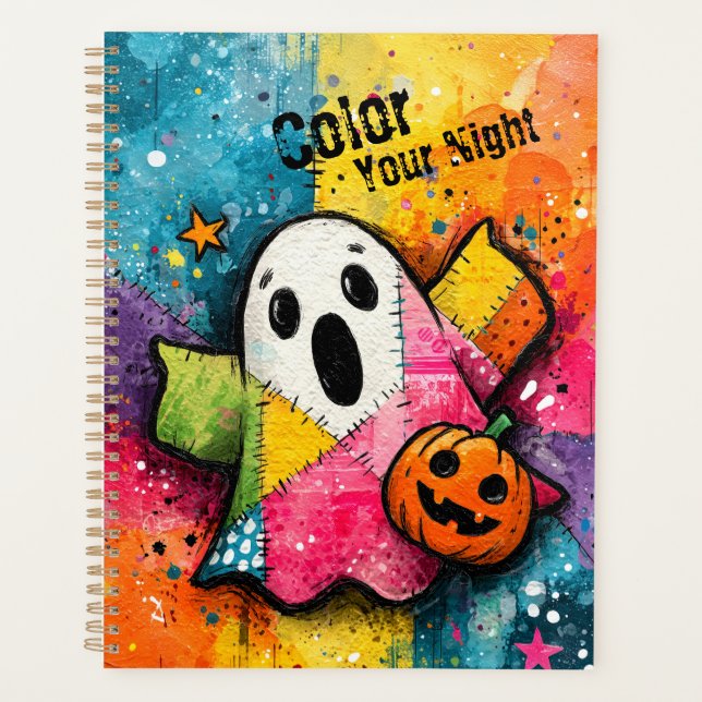Cute Patchwork Ghost Colourful Splatter Art Planner (Front)