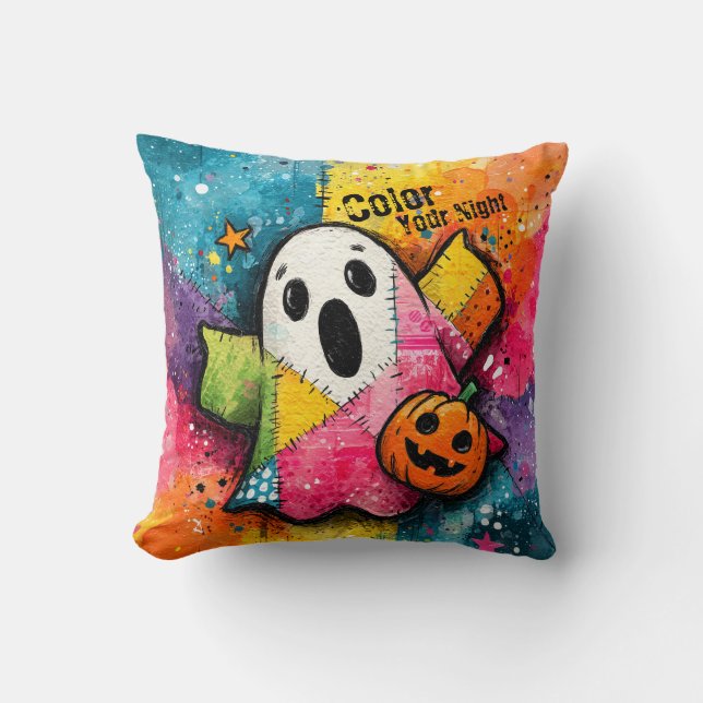 Cute Patchwork Ghost Colourful Splatter Art Throw Pillow (Front)