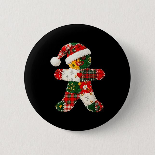 Cute Patchwork Gingerbread Man Christmas Men Women 2 Inch Round Button (Front)