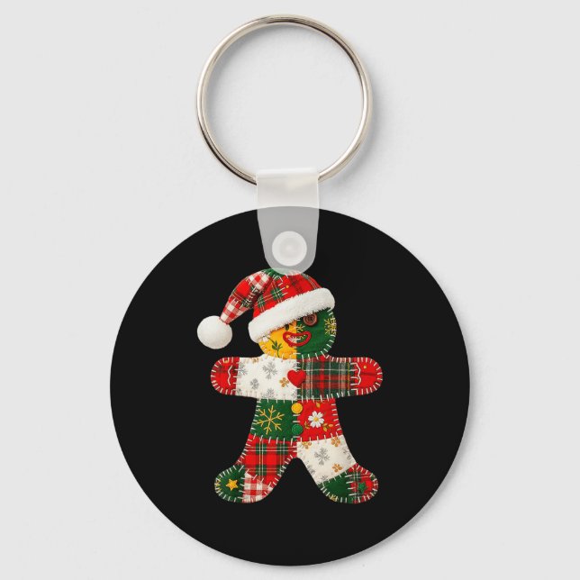 Cute Patchwork Gingerbread Man Christmas Men Women Keychain (Front)