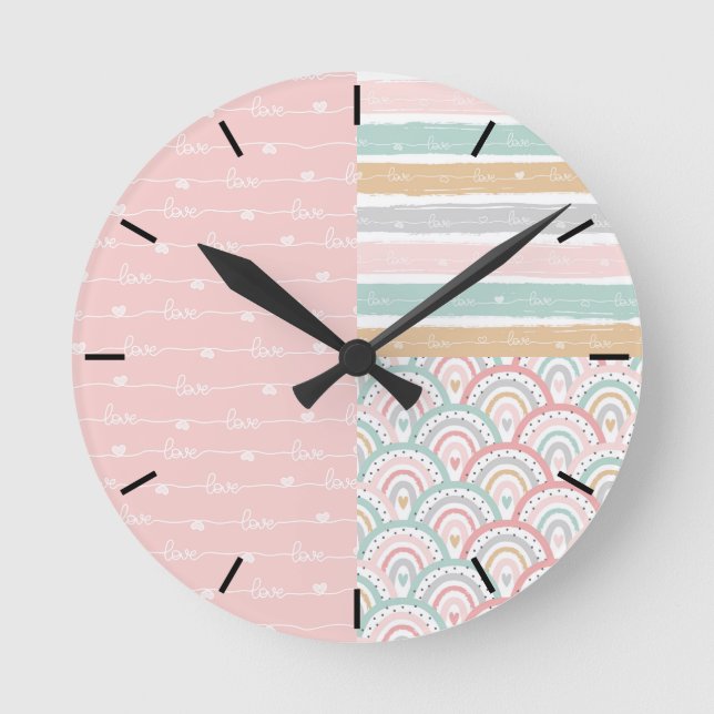 Cute Patchwork Hearts Rainbows Pastel Wall Clock (Front)