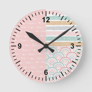 Cute Patchwork Hearts & Rainbows Pastel Wall Clock