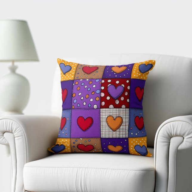 Cute Patchwork Hearts Throw Pillow (Creator Uploaded)