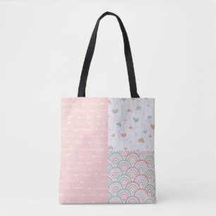 Cute Patchwork Love Hearts Rainbow Tote Bag
