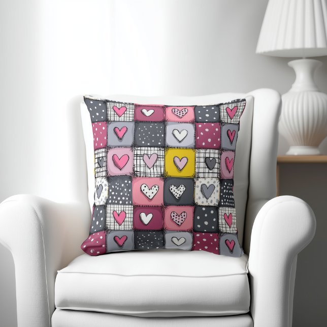Cute Patchwork Pattern with Hearts Throw Pillow (Creator Uploaded)