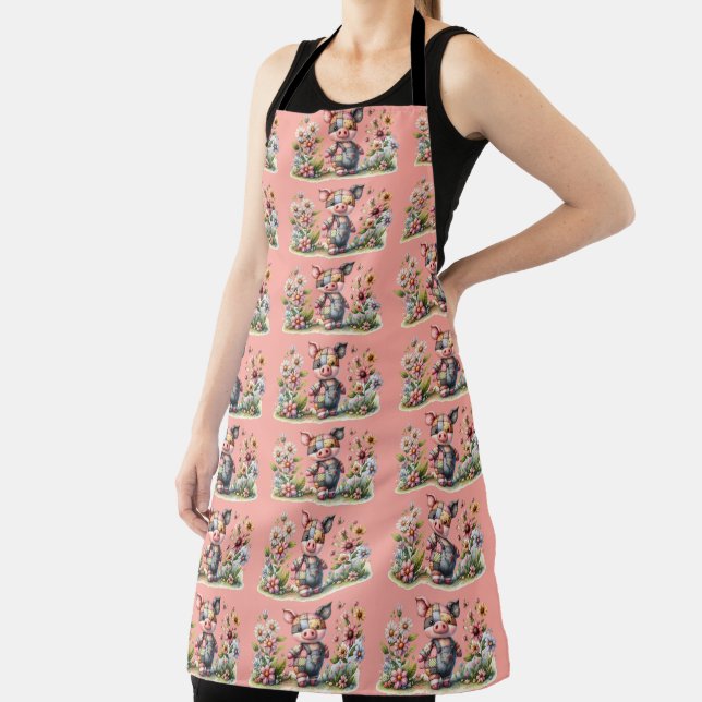 Cute Patchwork Piglet in Floral Garden Apron (Insitu)