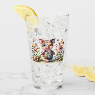 Cute Patchwork Piglet in Floral Garden Glass