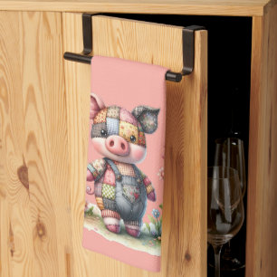 Cute Patchwork Piglet in Floral Garden Kitchen Towel