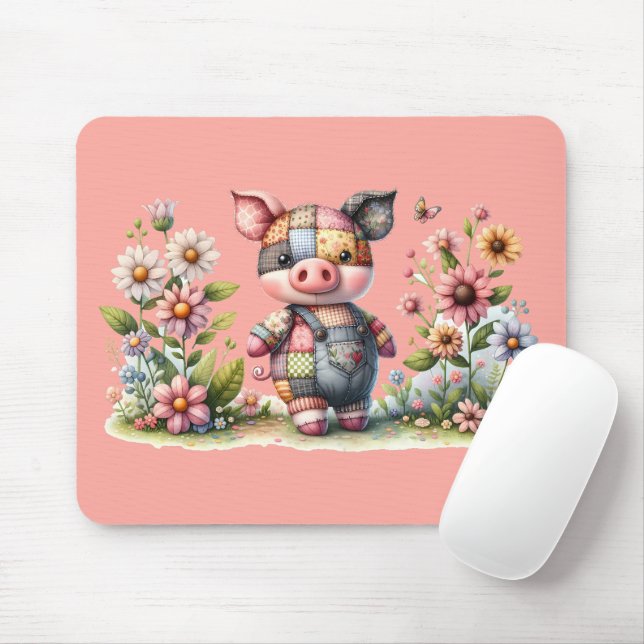 Cute Patchwork Piglet in Floral Garden Mouse Pad (With Mouse)
