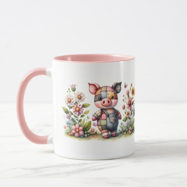 Cute Patchwork Piglet in Floral Garden Mug (Left)