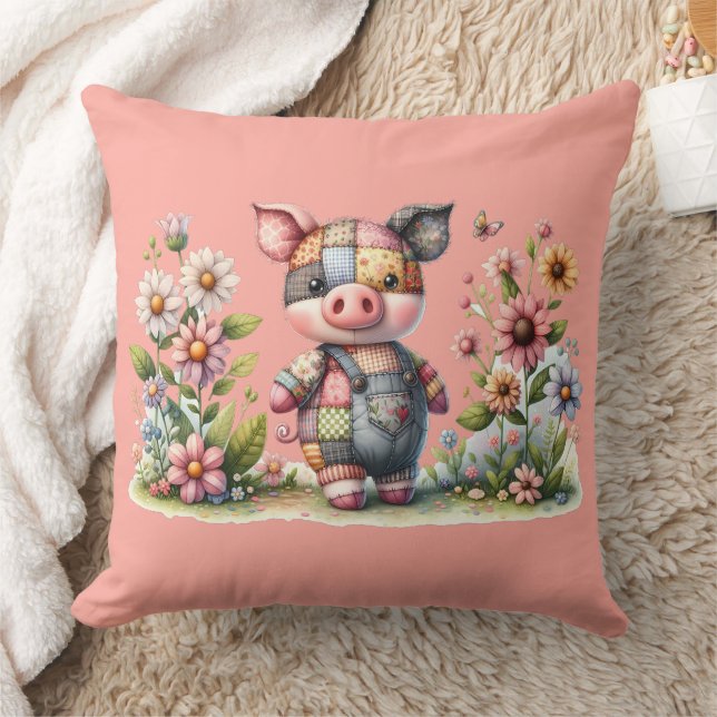 Cute Patchwork Piglet in Floral Garden Throw Pillow (Blanket)