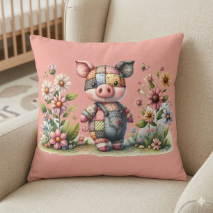 Cute Patchwork Piglet in Floral Garden Throw Pillow
