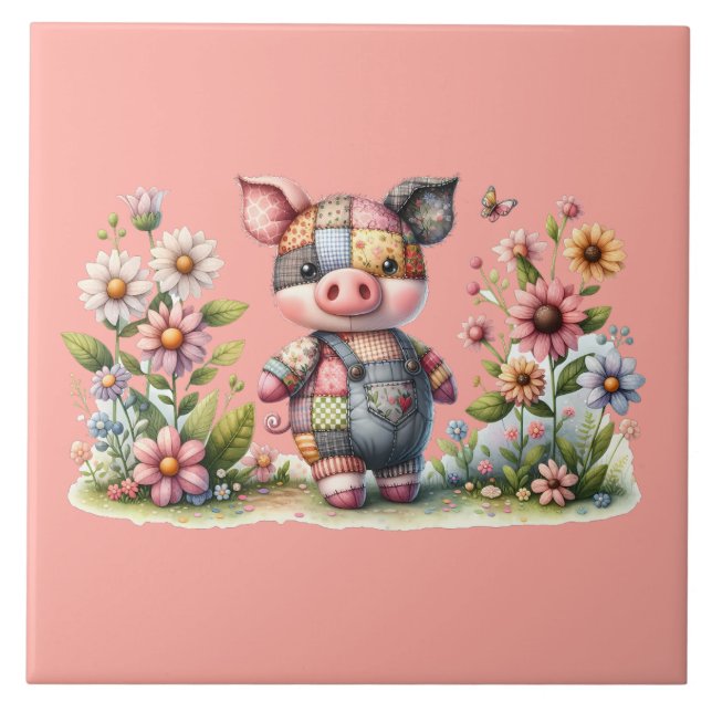 Cute Patchwork Piglet in Floral Garden Tile (Front)