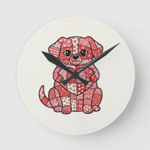 Cute Patchwork Puppy Dog with Heart Illustration Round Clock