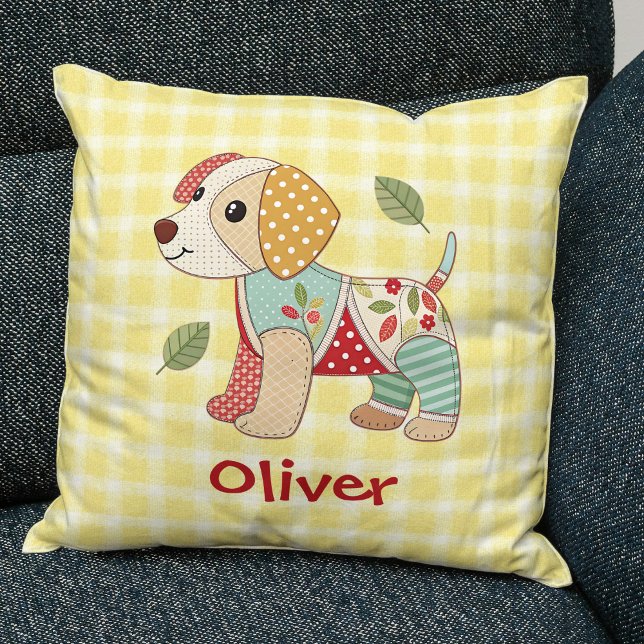Cute Patchwork Puppy Throw Pillow (Creator Uploaded)