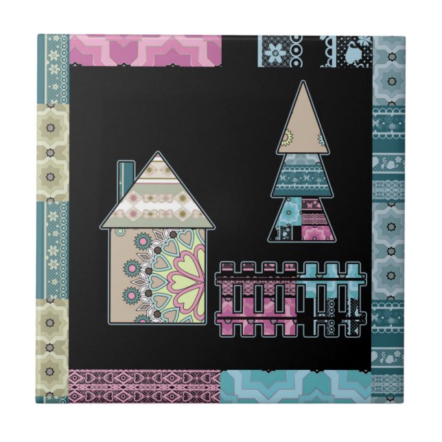 Cute patchwork quilting house tree abstract shapes tile (Front)