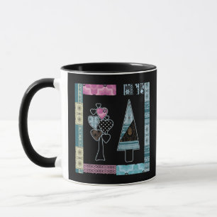 Cute patchwork quilting tree abstract shapes black mug