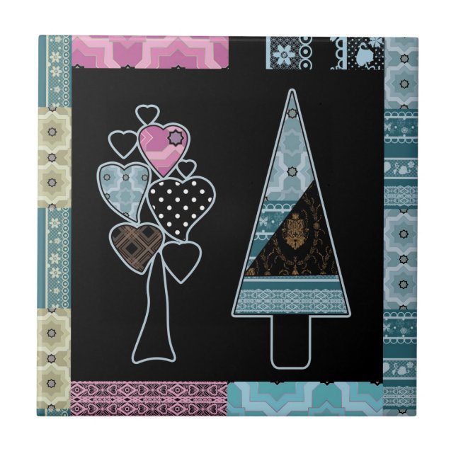 Cute patchwork quilting tree abstract shapes black tile (Front)