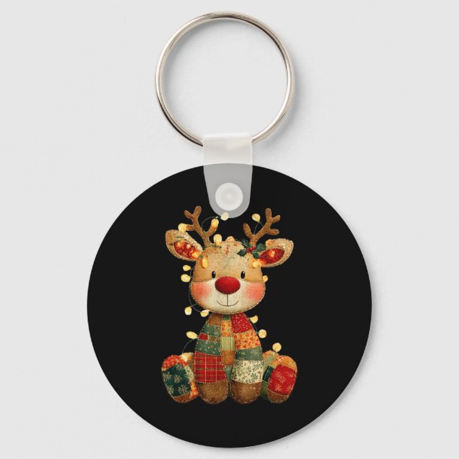 Cute Patchwork Reindeer Christmas Xmas Men Women K Keychain (Front)