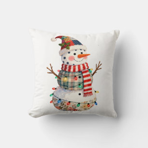 Cute Patchwork Snowman Christmas Lights Holiday Throw Pillow