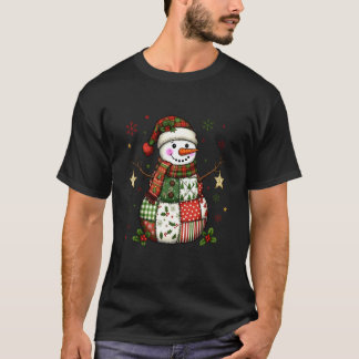 Cute Patchwork Snowman Merry Christmas Xmas Holida T-Shirt