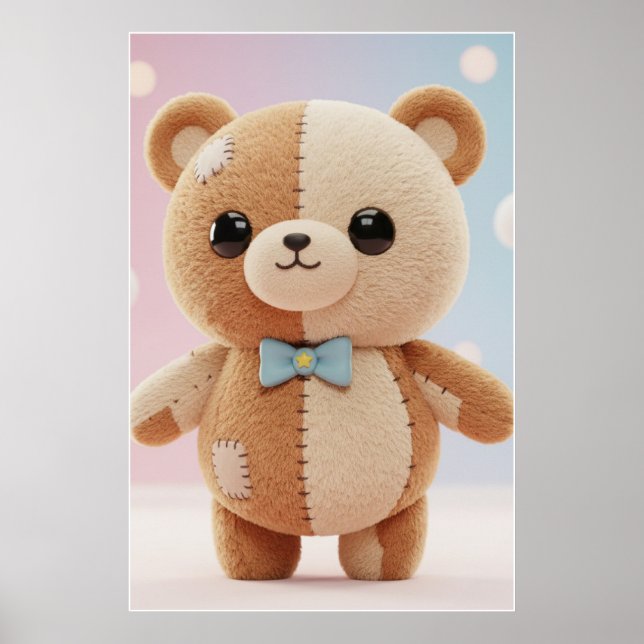 Cute Patchwork Teddy Bear Illustration Poster (Devant)