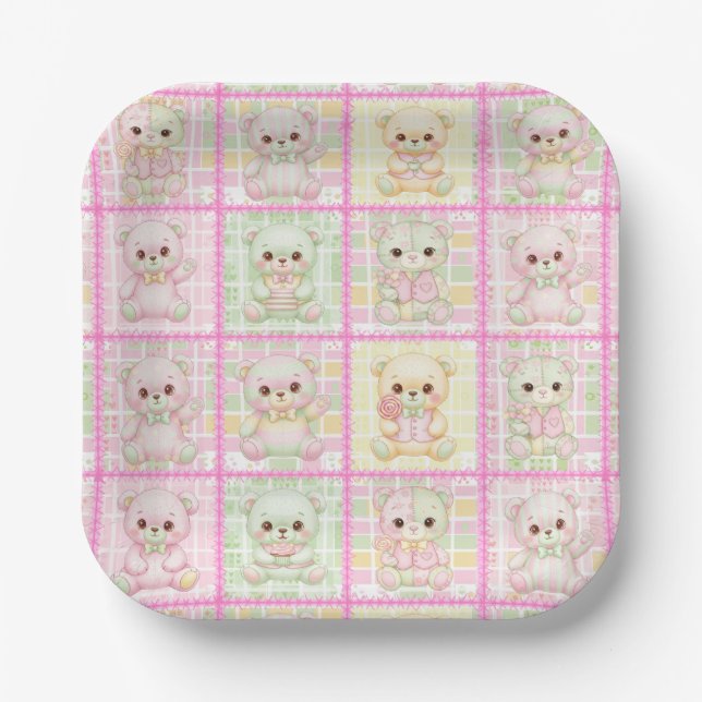 Cute Patchwork Teddy Bear Quilt Seamless Paper Plate (Front)