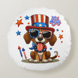 Cute, patriotic 4th of July dog/puppy Round Pillow