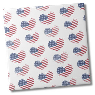 Cute Patriotic American Flag Rustic Heart Pattern Tile