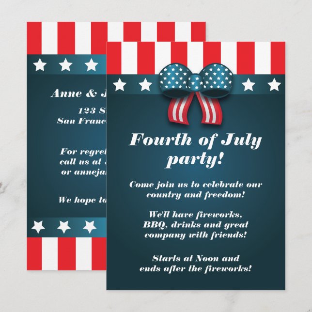 Cute Patriotic Bow 4th of July Party Invitations (Front/Back)