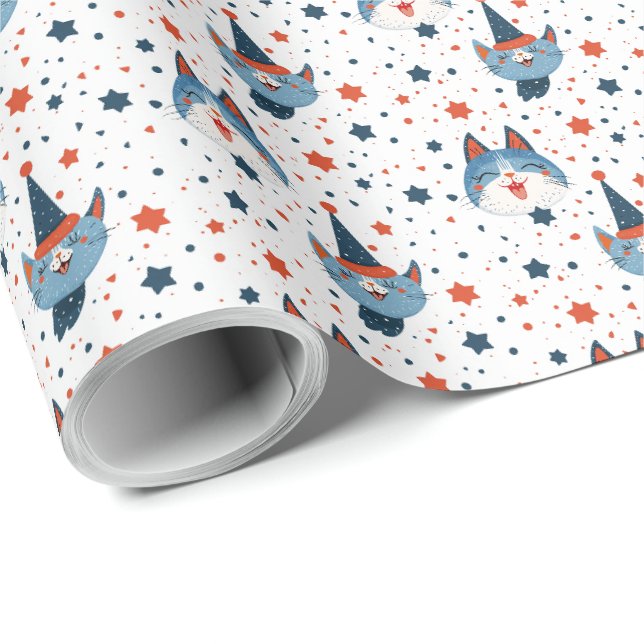 Cute Patriotic Cat Birthday July 4th Stars Wrapping Paper (Roll Corner)