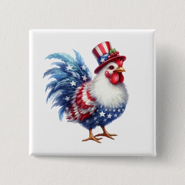 Cute Patriotic Chicken with American Flag 2 Inch Square Button (Front)