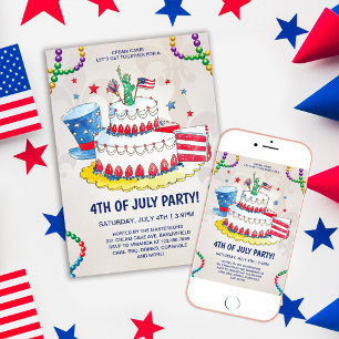 Cute Patriotic Cream Cake 4th of July Party Invitation