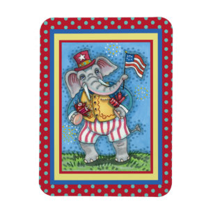CUTE PATRIOTIC ELEPHANT WAVING AMERICAN FLAG MAGNET